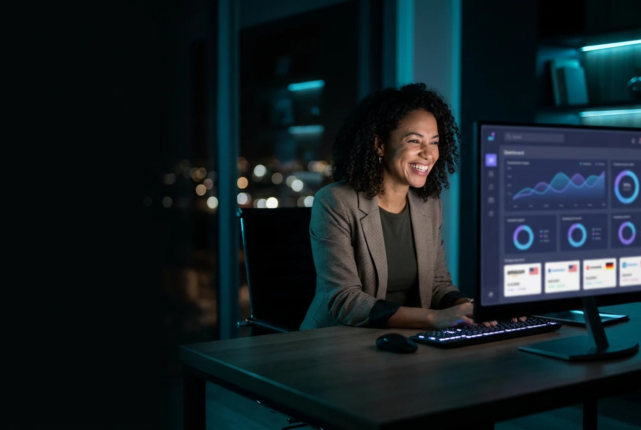A saleswoman smiling as she reviews her Huxton dashboard of company leads at night